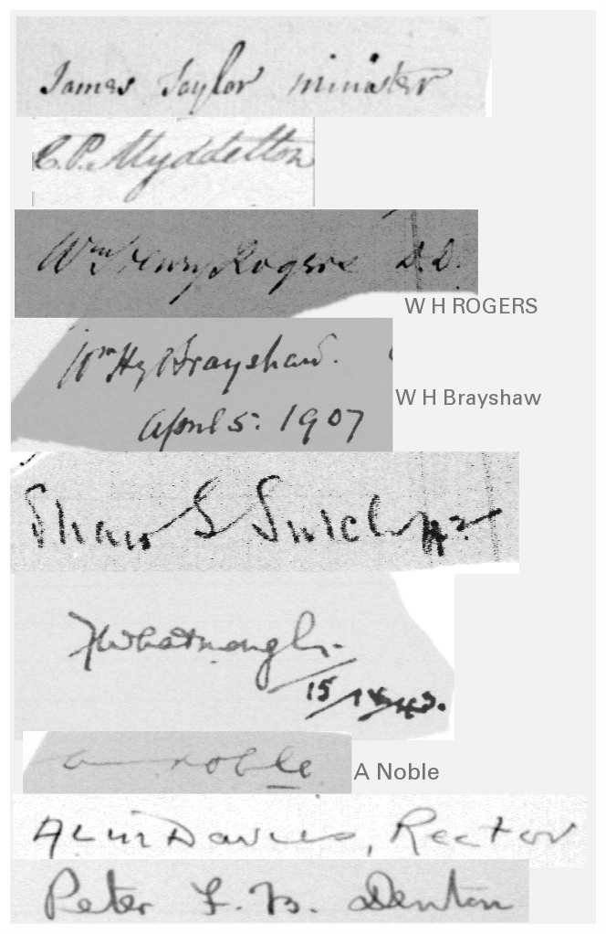 image showing the signatures of rectors of St Thomas, Heaton Norris up to 1970s.