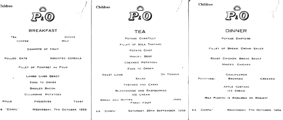 three childrens meals- menus from SS Corfu 1959