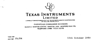 TI Bedford 1980 letter head