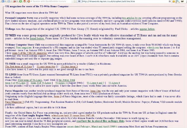 Screen grab of TI Articles web page by Stephen Shaw