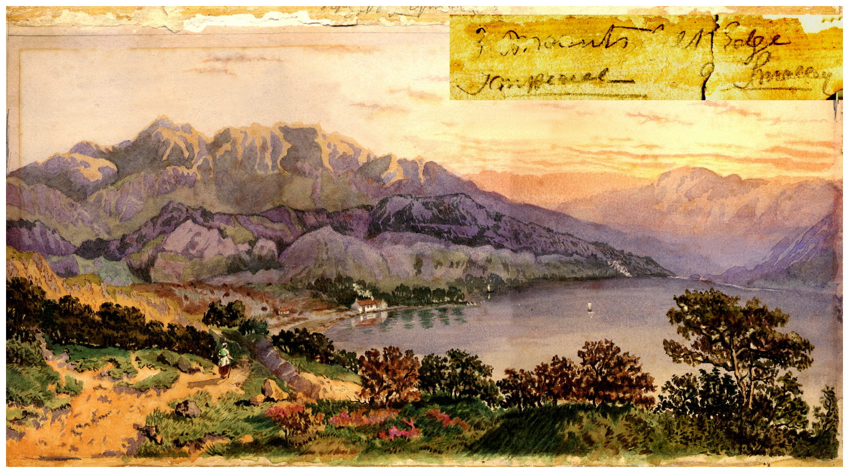 water colour painting, rural mountainous scene - possibly Europe. Four signatures